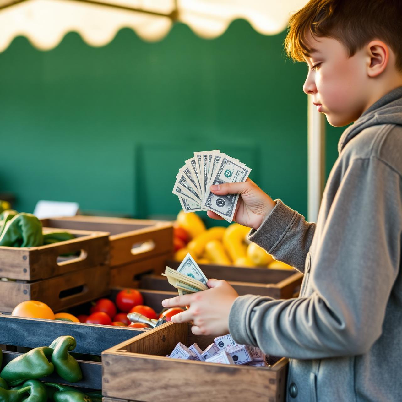A young entrepreneur counting earnings at a farmers market stand