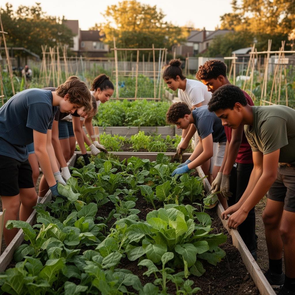 Youth tending raised garden beds together at sunset